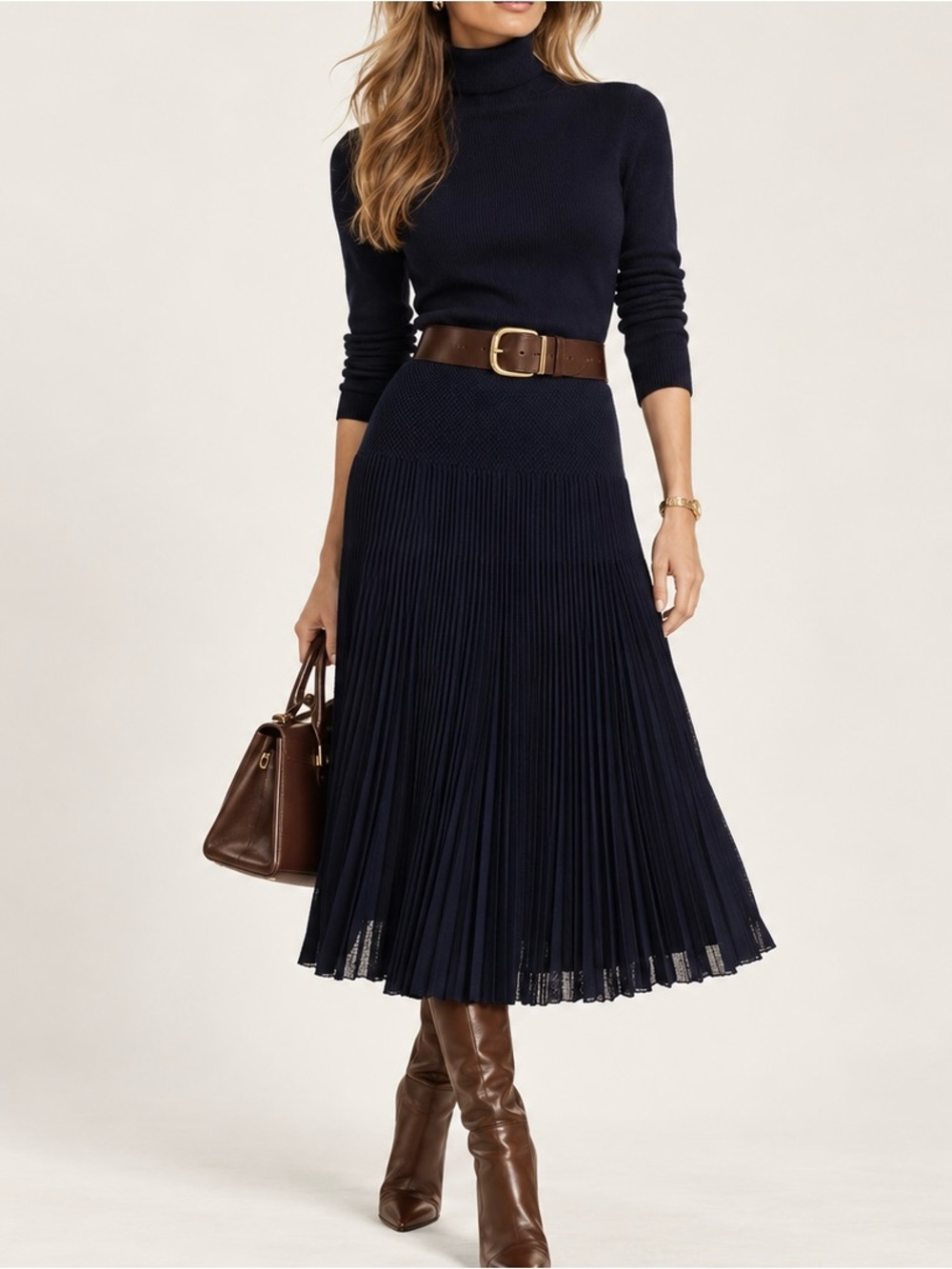Ralph Lauren Collection Pleated Crepe Midi Skirt Navy Silk Lined Size L